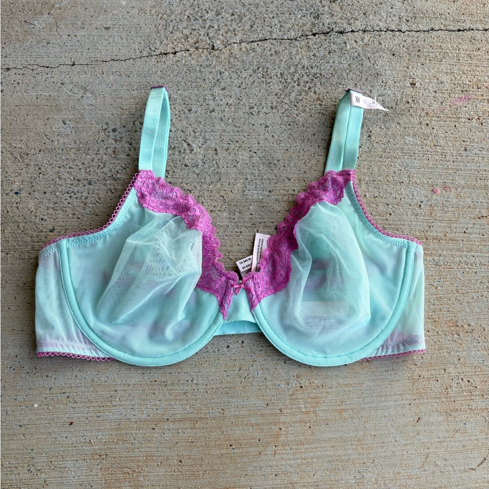 Victoria's Secret Mint and Pink Unlined Tease Lace Bra 36DD NWT